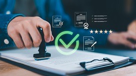 Business document approval with certified validation, official stamp, and compliance checklist. Corporate contract review ensures secure process, quality assurance, verified agreement for success.